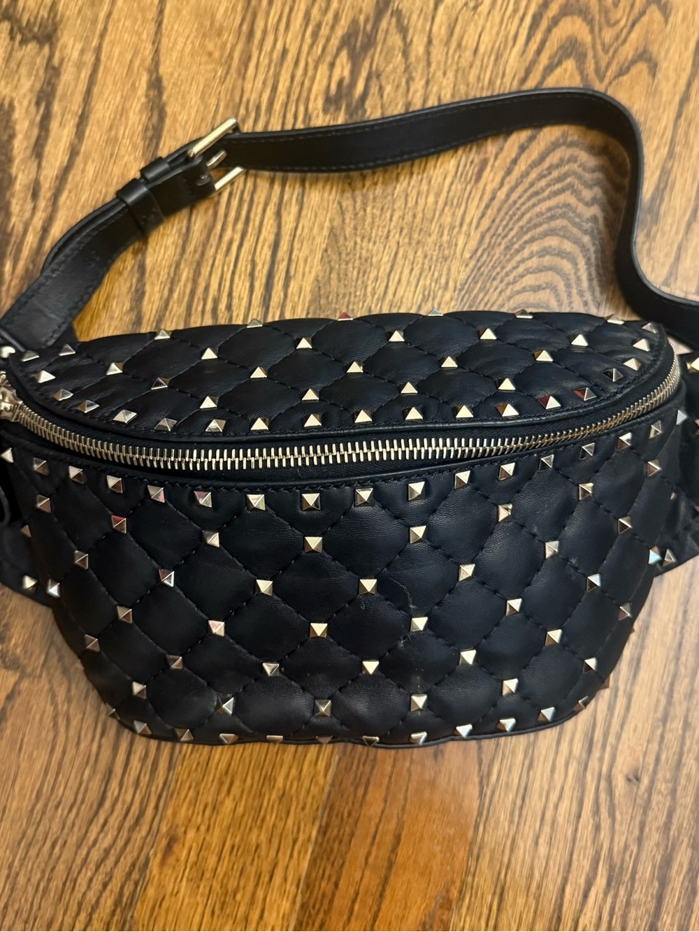 Valentino Garavani Black Quilted Studded Crossbody Belt Bag